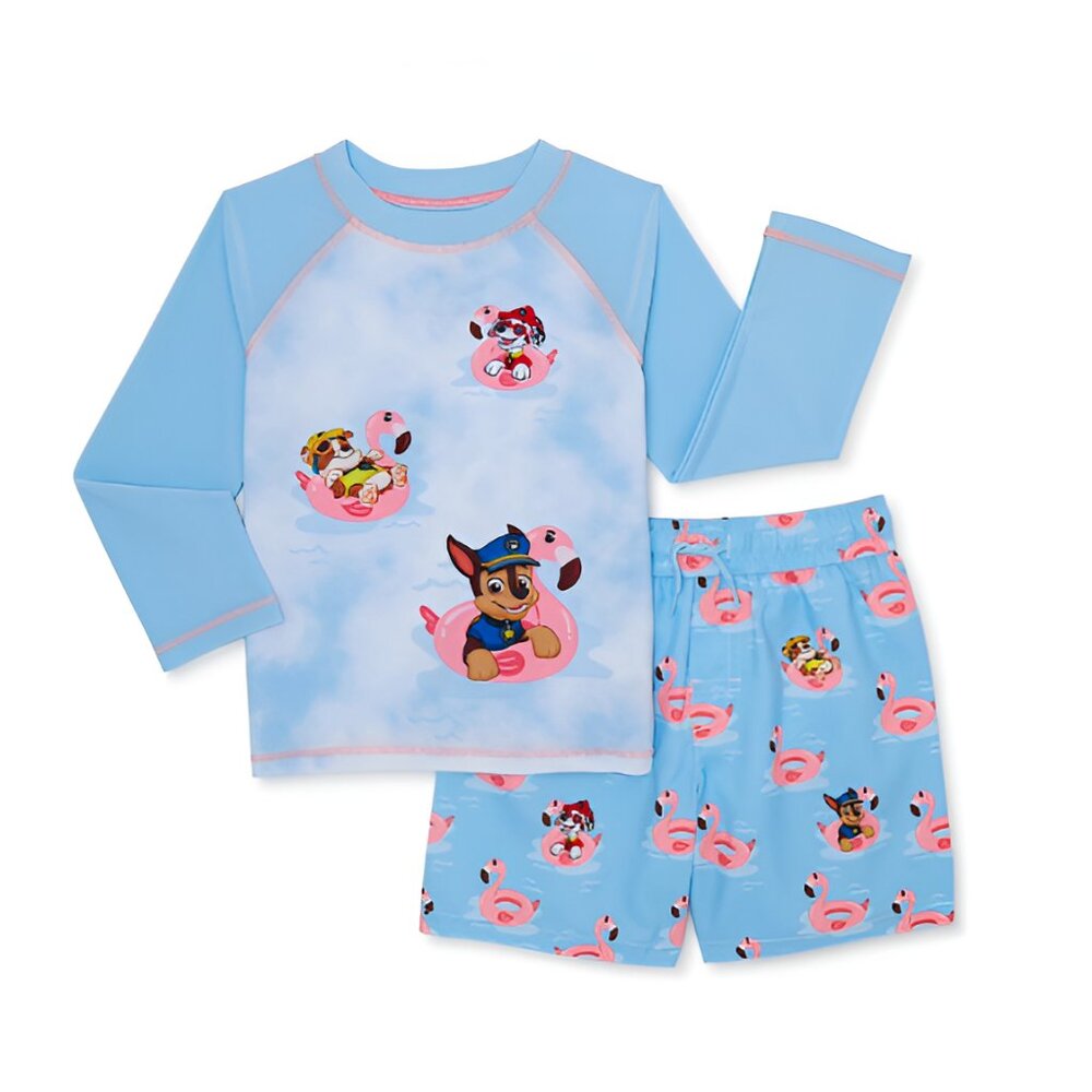 NEW 2Pc 12M Boys Paw Patrol Flamingo Rashguard & Swim Trunks